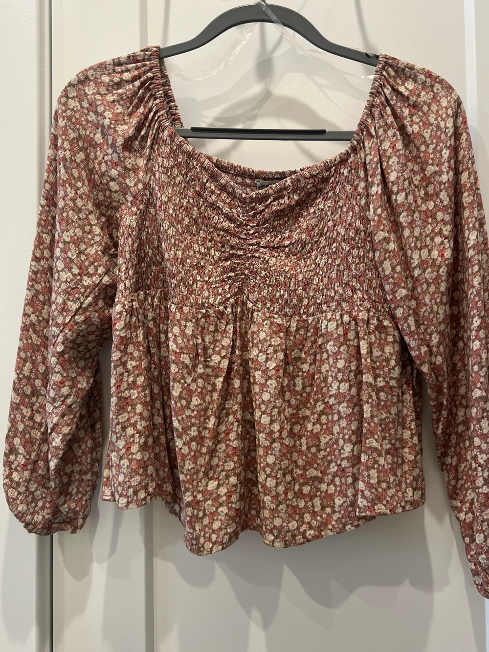 American Eagle Outfitters Dusty Rose Floral Smocked Peasant Blouse